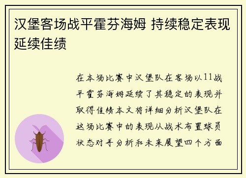 汉堡客场战平霍芬海姆 持续稳定表现延续佳绩