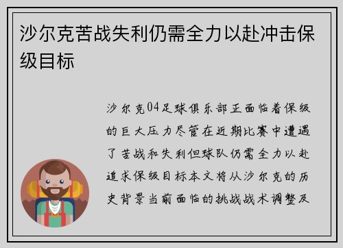 沙尔克苦战失利仍需全力以赴冲击保级目标