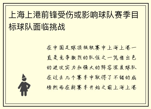 上海上港前锋受伤或影响球队赛季目标球队面临挑战